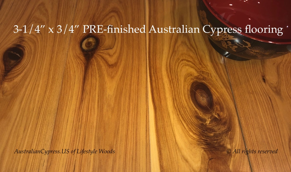 Photo: Close up of 3-1/4” x 3/4” pre-finished Australian Cypress flooring. © All rights reserved.